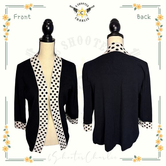 Designers Originals Open-Front Polka Dot Cardigan Sweater Size Large Black White - Picture 1 of 6